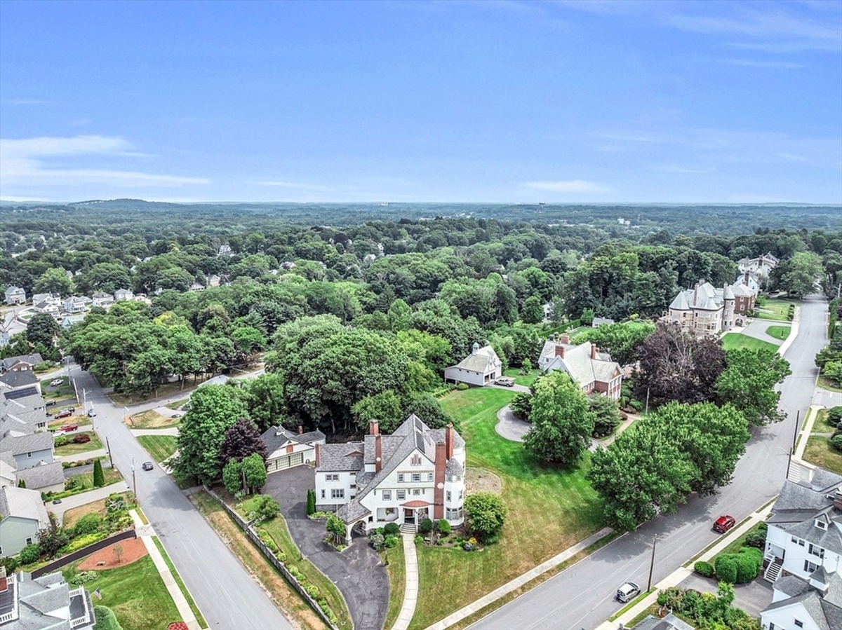 Bird's eye view showcasing a neighborhood of elegant historical homes with lush tree coverage.