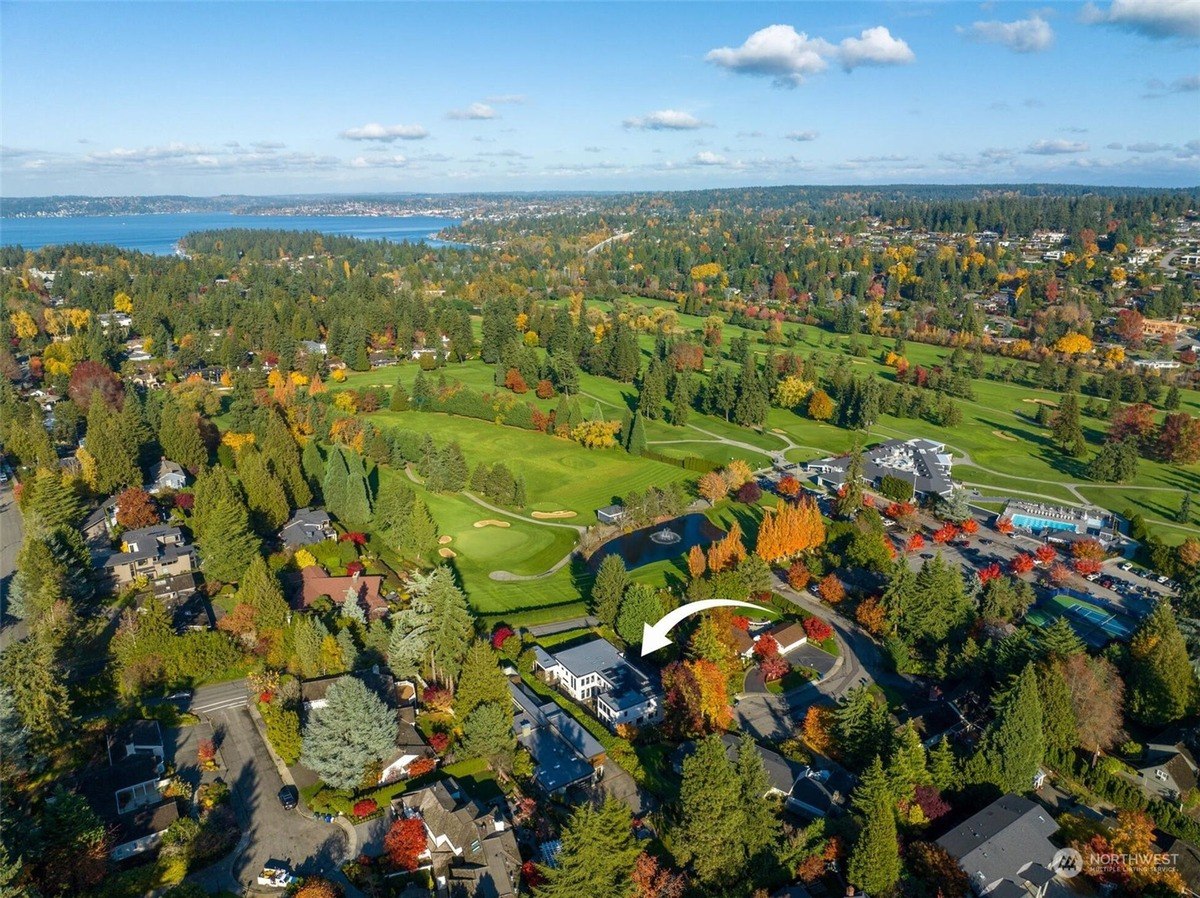 Aerial picturesque neighborhood with houses nestled among lush greenery and a lake in the distance.coldwellbanker-medina-wa-jan0825-30