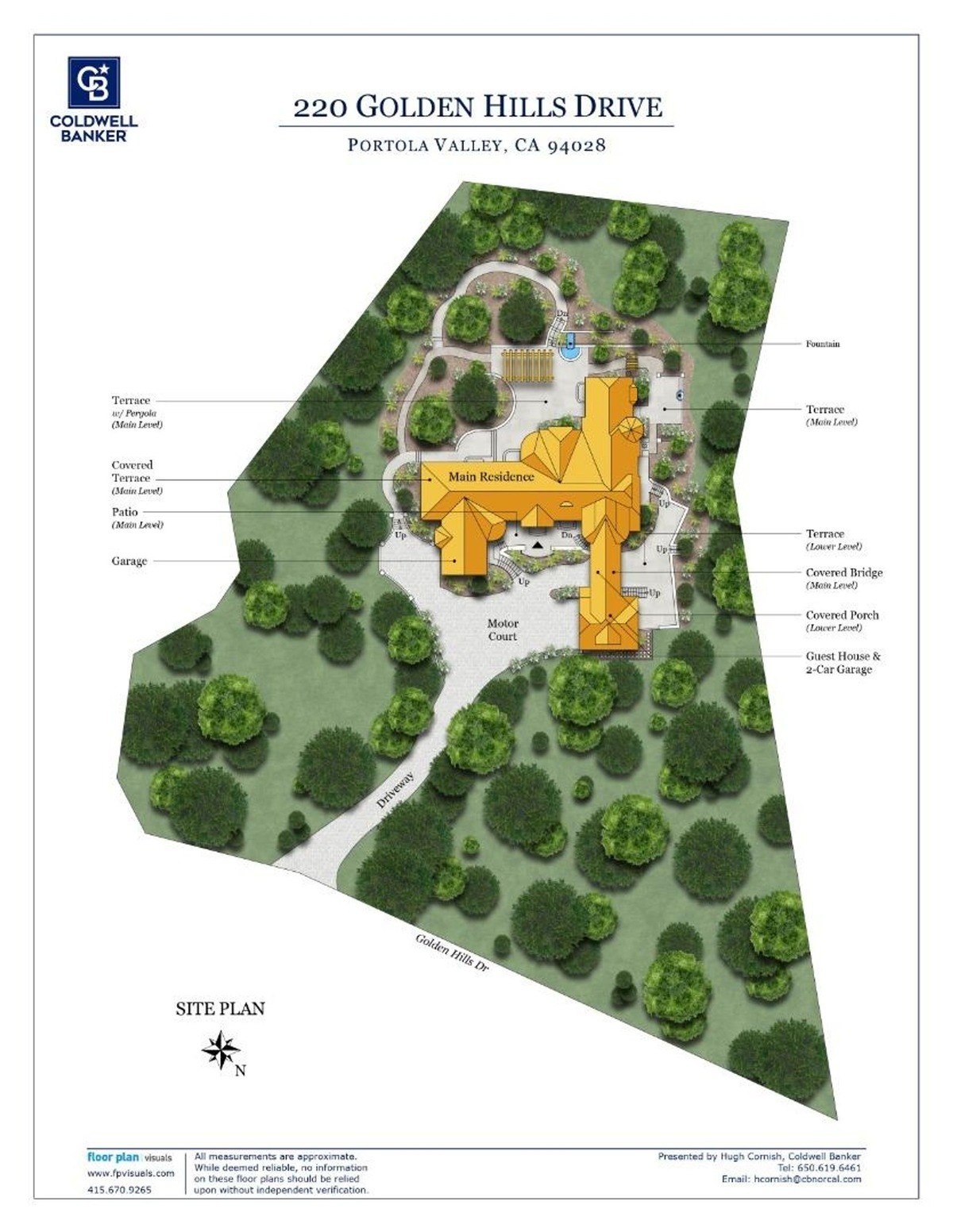 Site plan a map of the overall property, showing buildings, terraces, and paths.