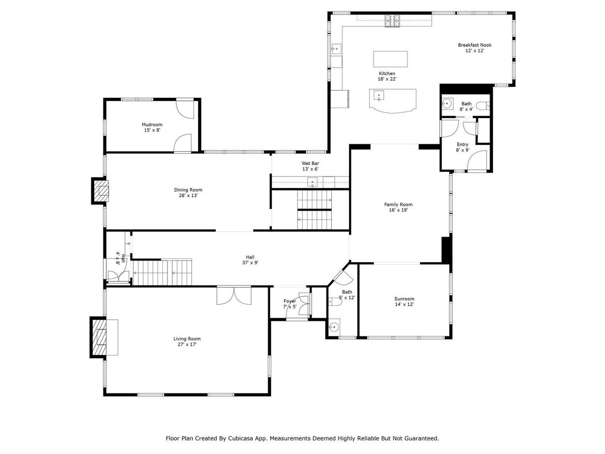 Floor plan shows a house with a living room, dining room, family room, kitchen, and multiple bathrooms.