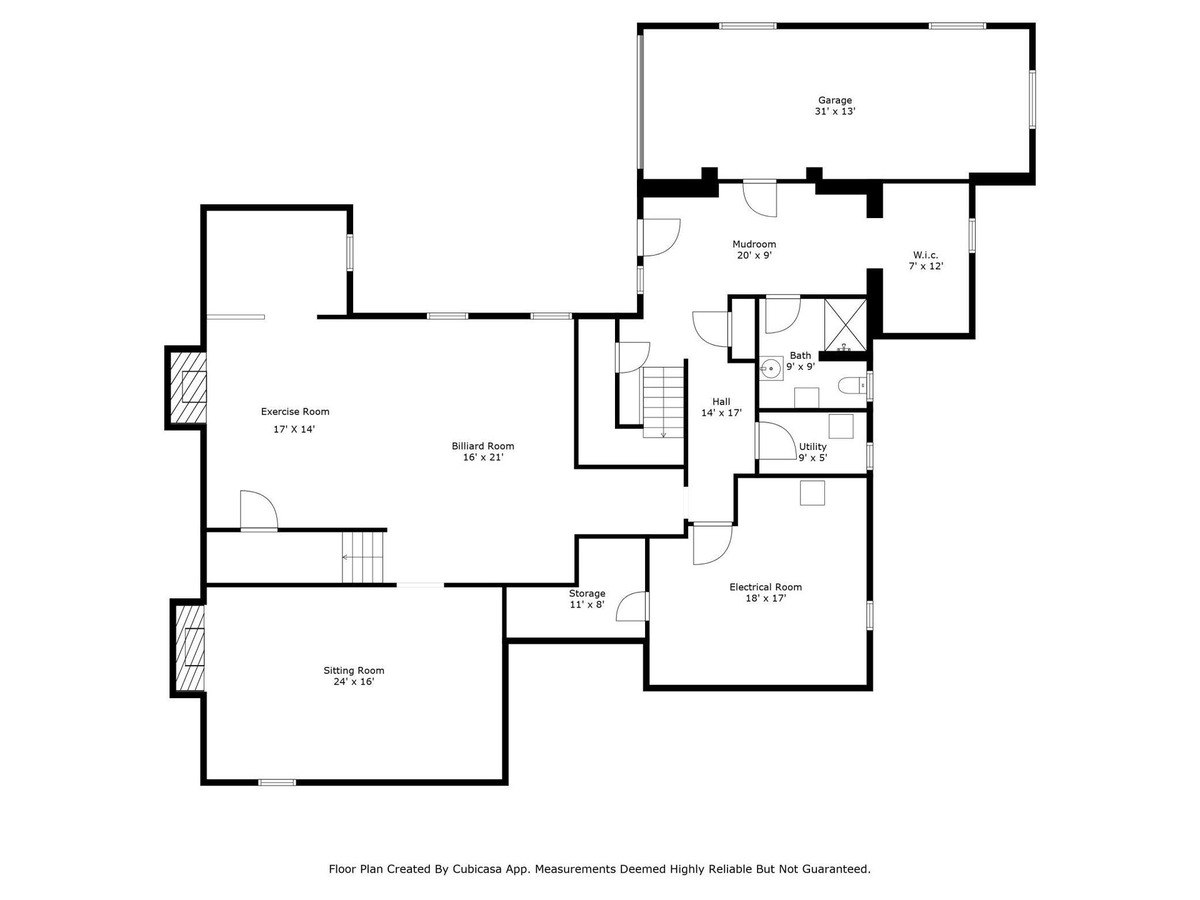 Lower-level floor plan includes a sitting room, exercise room, billiard room, and attached garage.