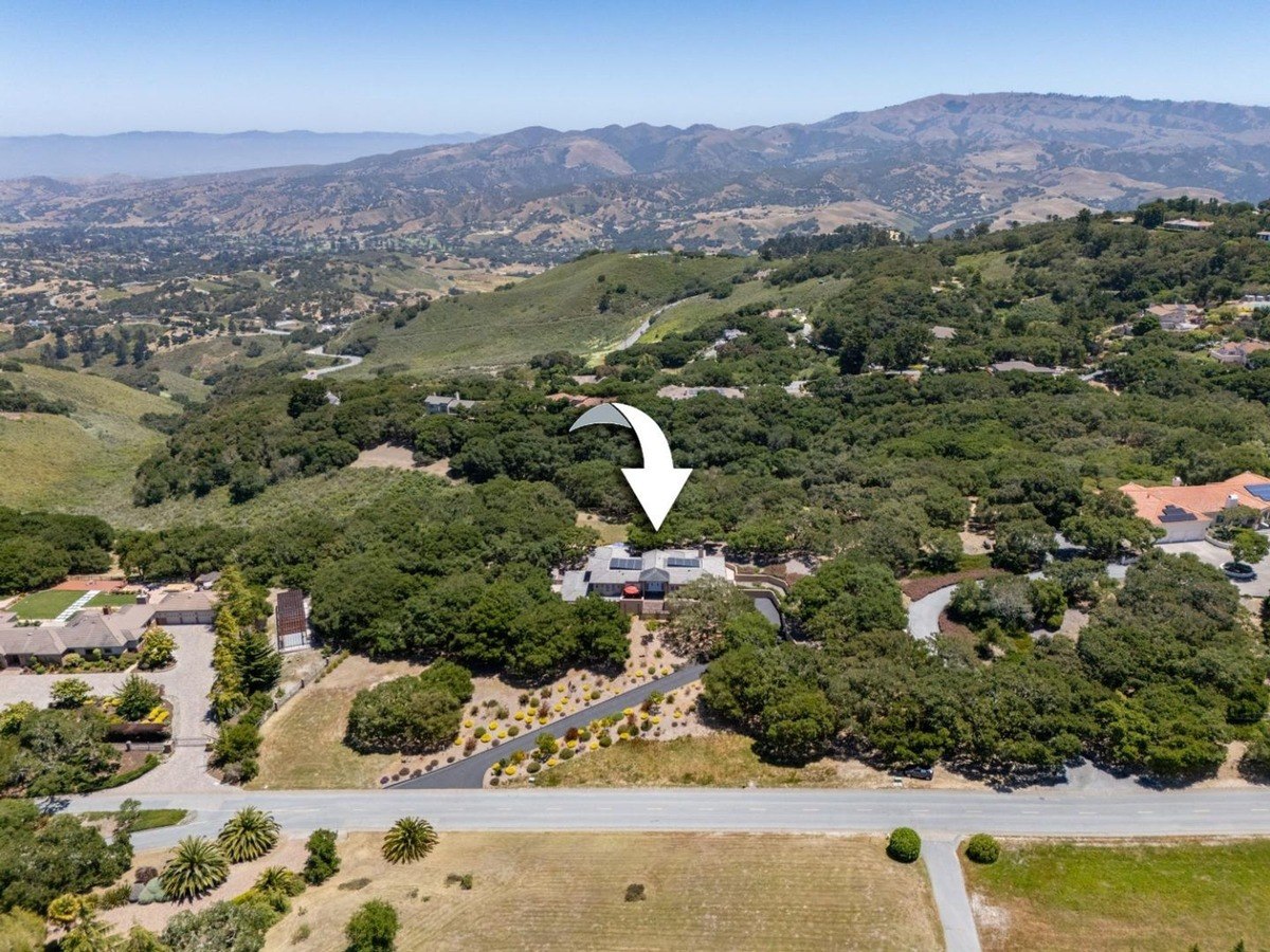 Aerial view shows a house nestled in a wooded area with a winding driveway.