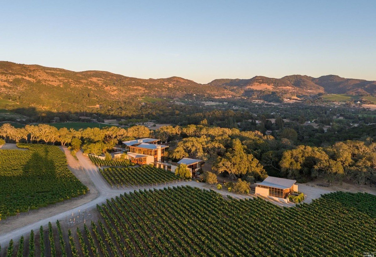 Vineyard estate nestled within lush hills with panoramic views of surrounding landscapes.