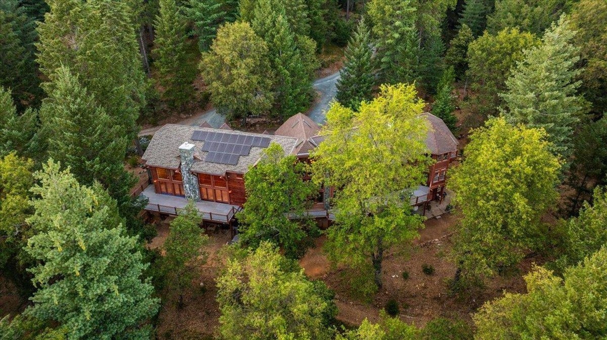 Aerial view of the property surrounded by dense forest.