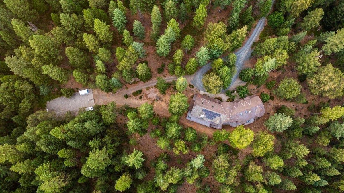 Top-down shot of the home layout, including surrounding wooded areas and driveway paths.