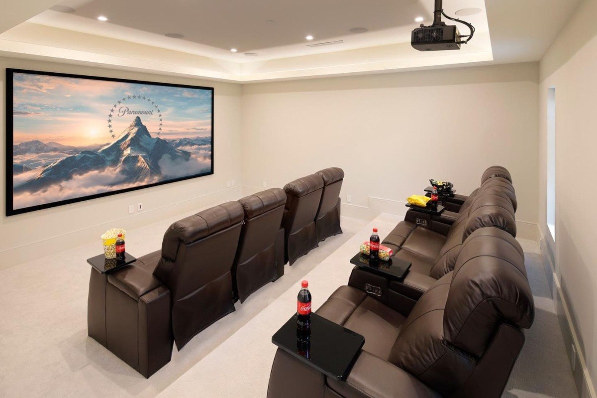 Home theater: a dedicated theater room with recliner seating and a large projector screen.