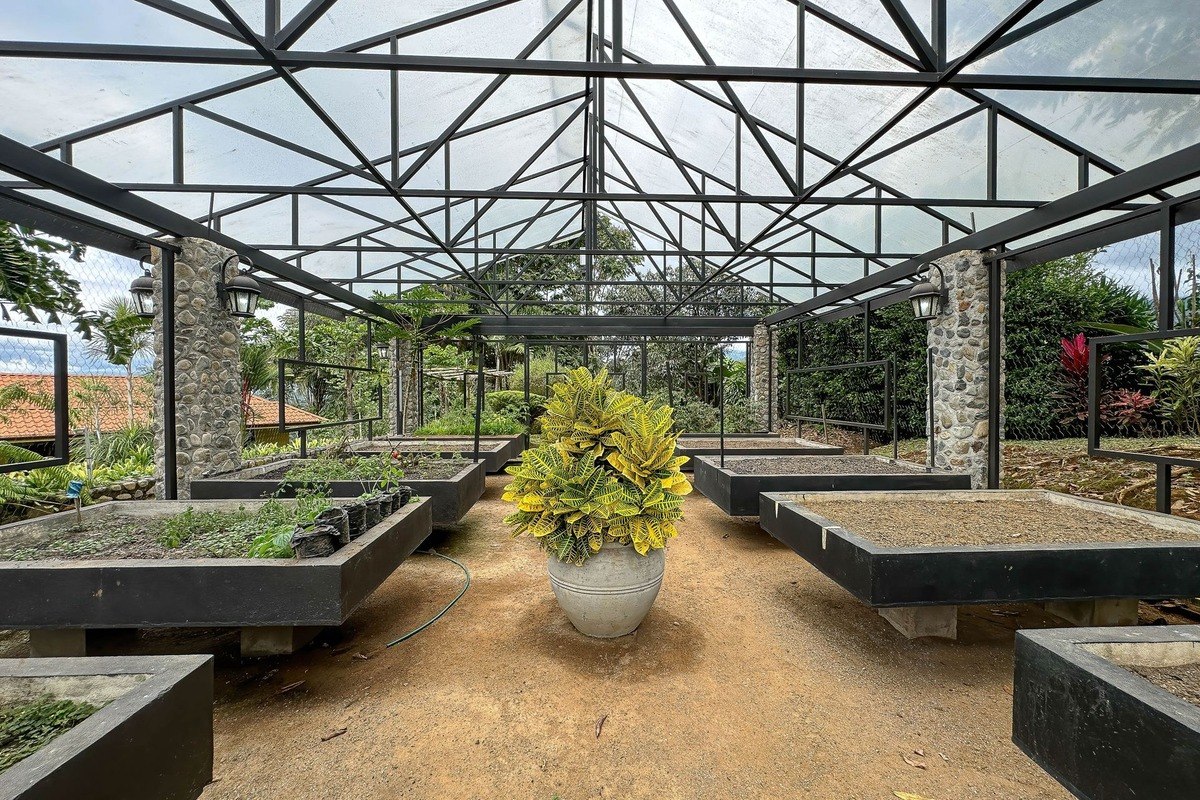 Plant nursery has many raised beds and metal roof.