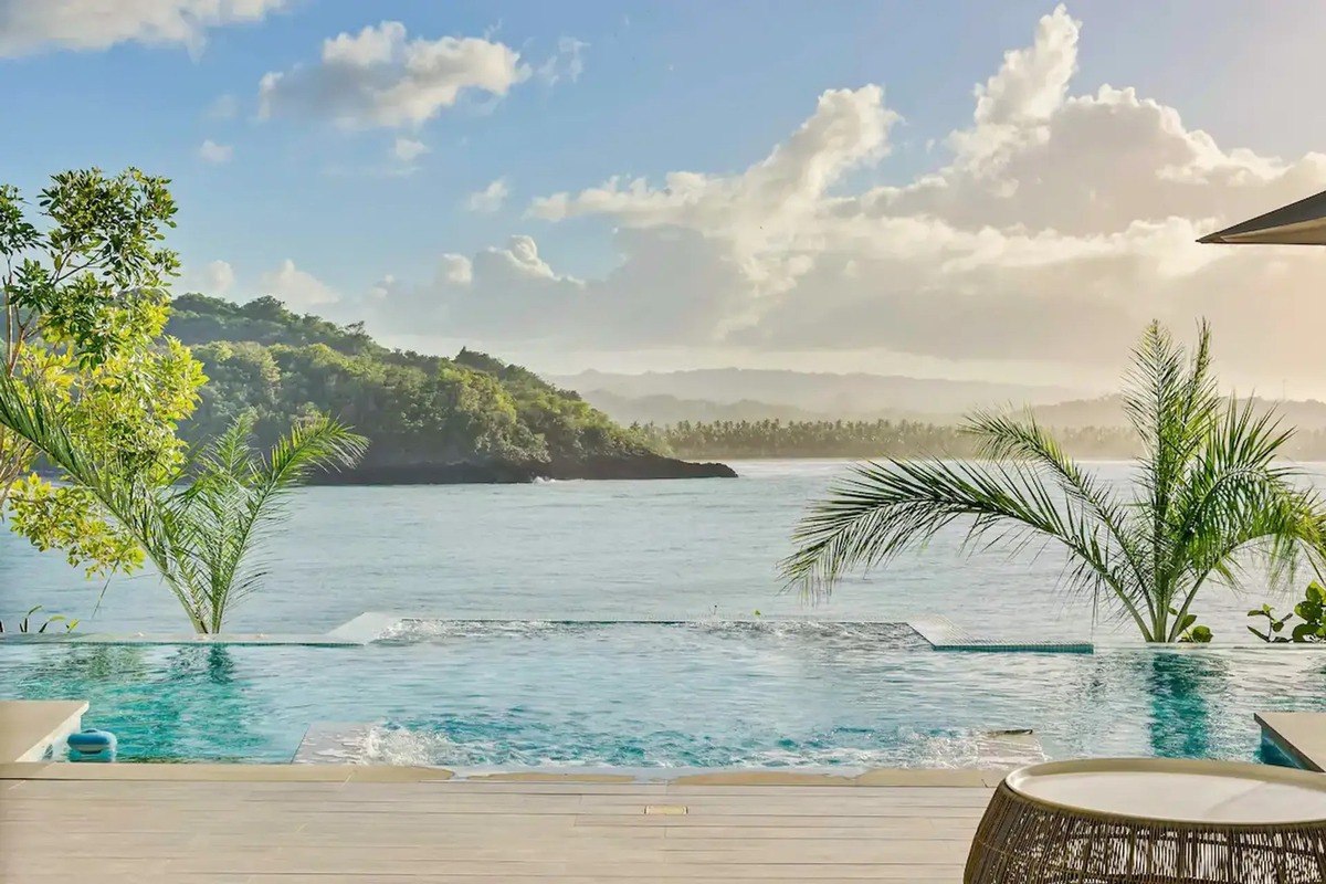 Infinity pool has ocean view and palm trees.