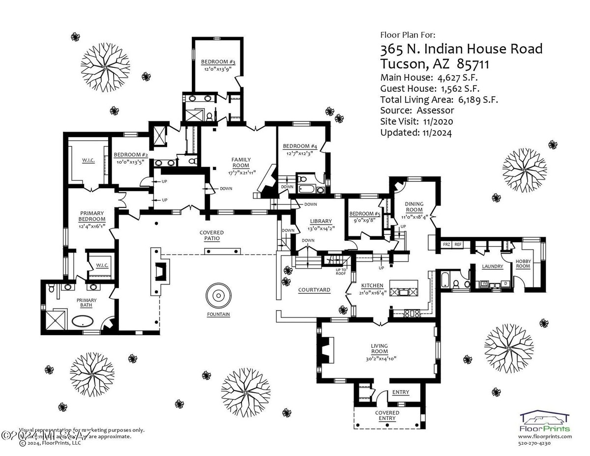 Floor plan of 365 N. Indian House Road, Tucson, AZ 85711, showing a main house and guest house with multiple bedrooms, living areas, and outdoor spaces.