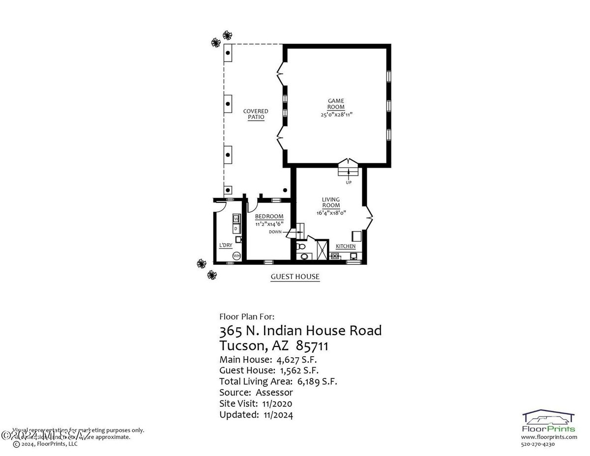 Floor plan for 365 N. Indian House Road, Tucson, AZ 85711, showing main house and guest house dimensions.