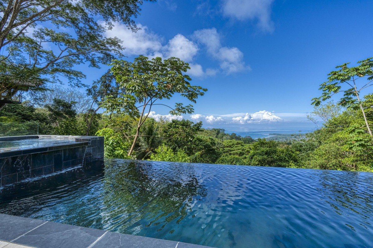 Infinity pool overlooks rainforest and ocean.