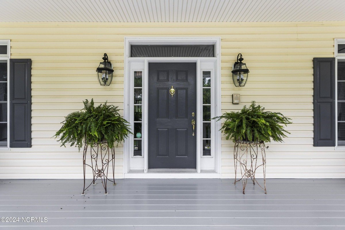 House has a gray front door, flanked by potted ferns and porch lights.