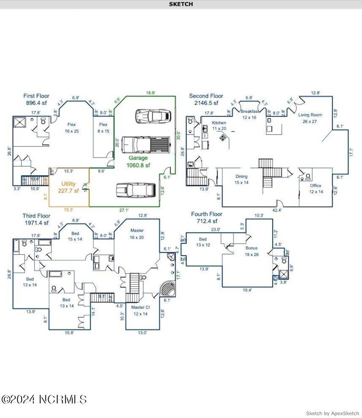 Floor plan shows four levels with multiple bedrooms, bathrooms, living areas, and a three-car garage.