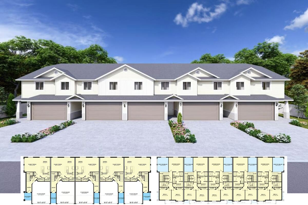 Country-Style Five-Family Home with 3-Bedroom Units and 2-Car Garage (Floor Plan)