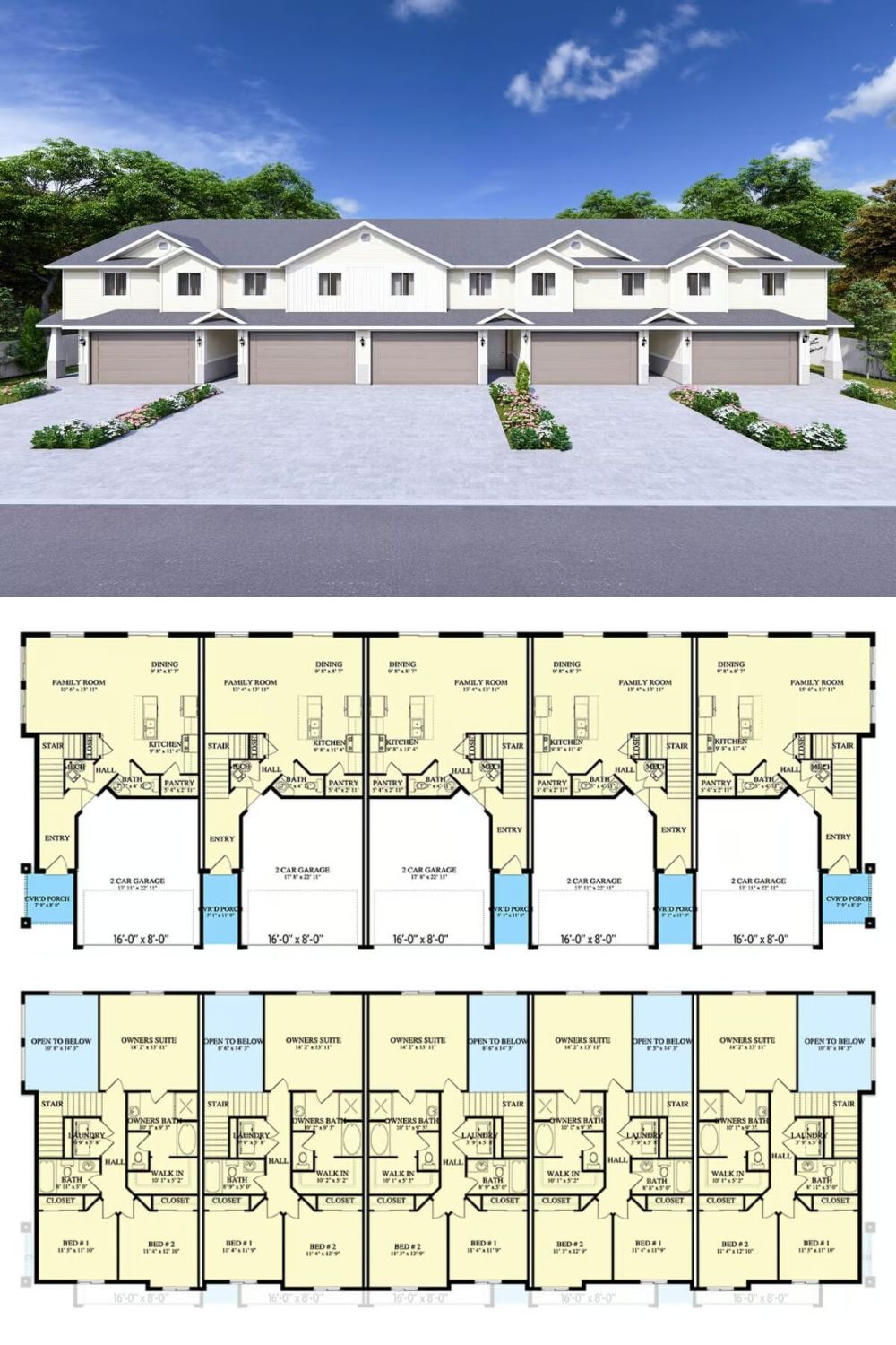 These country-style five-family home present a clean, modern take on a traditional multi‐unit design. A gently pitched roofline spans the full width, giving each attached unit a sense of cohesion while still allowing for subtle variations in the façade. Each home features a 2‐car garage at the front, paired with a covered porch that leads into the main entry.