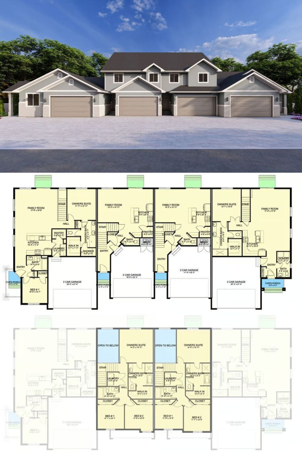 This four-plex home features a clean and symmetrical exterior with modern design elements including gable rooflines, clapboard siding, and neutral tones. Each unit includes a private 2-car garage, distinct entryways, and large windows, offering functionality and a cohesive architectural appearance.