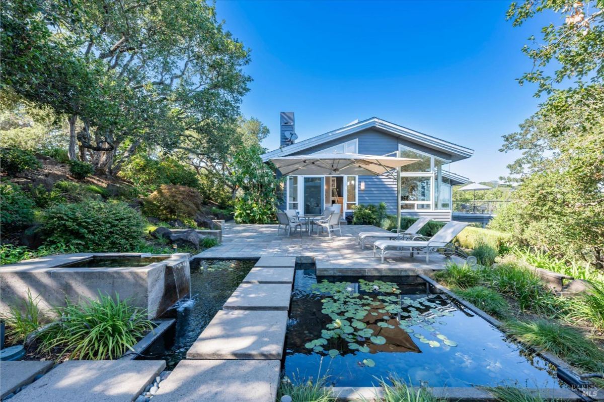 Modern home with patio, landscaping, and water feature.