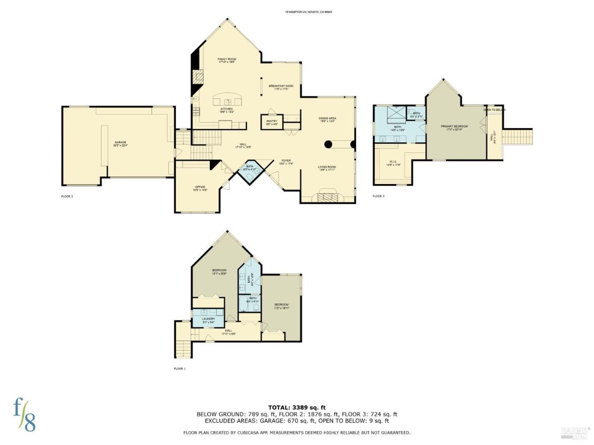 Floor plan of a three-story house with 3389 square feet of living space.