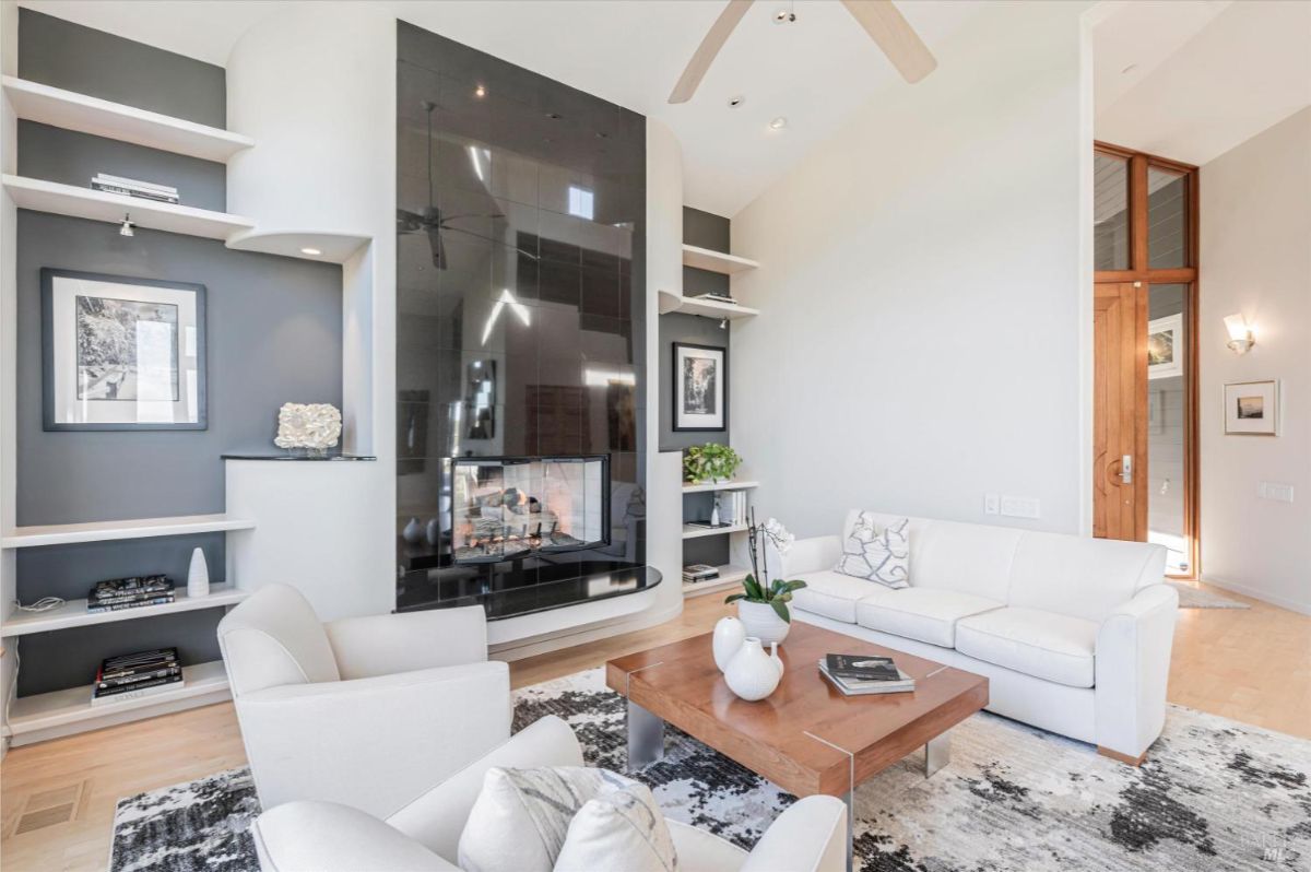 Modern living room featuring a sleek black fireplace and built-in shelving.