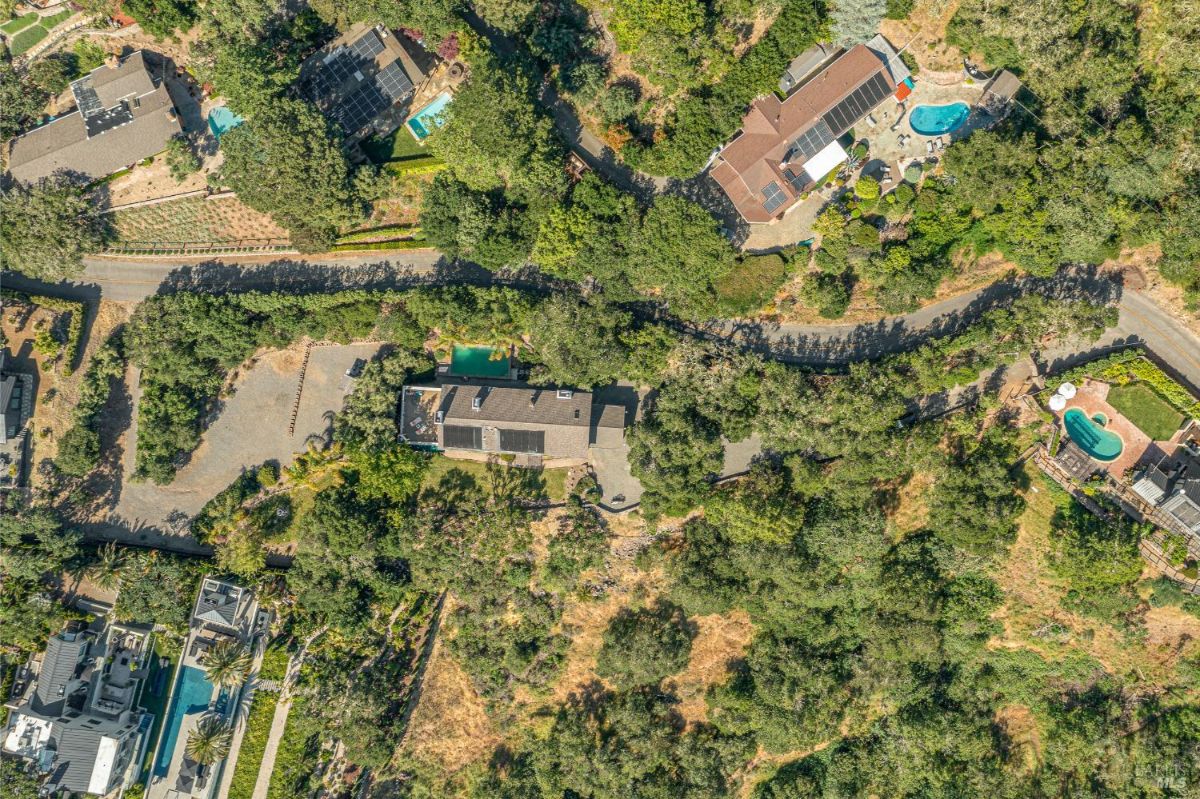 Aerial view showing the house, swimming pool, and surrounding trees and neighborhood.