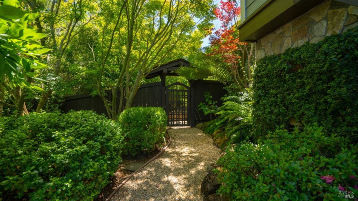 Gravel walkway leading to a wooden garden gate surrounded by dense trees and bushes.