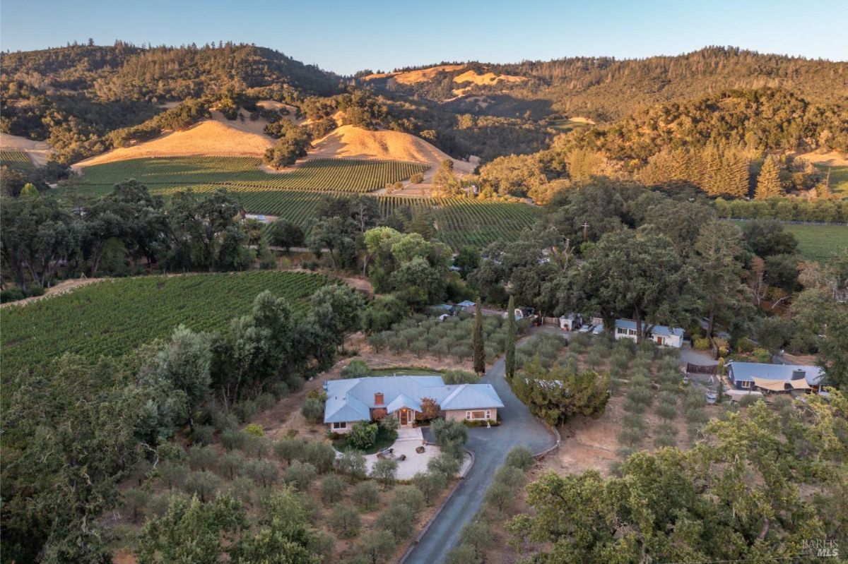 Aerial view of a house with vineyards and rolling hills in the background.