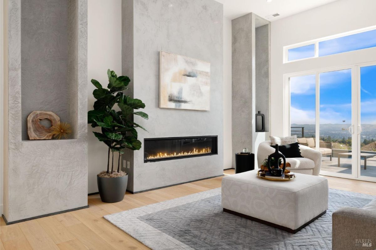 Contemporary living room with a fireplace and minimalist decor.