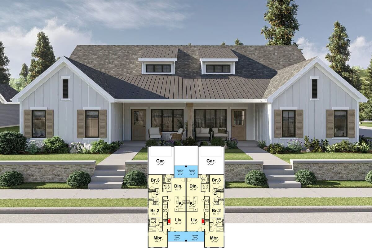 Modern Farmhouse-Style Duplex with 3-Bed Units and Rear Garage (Floor Plan)